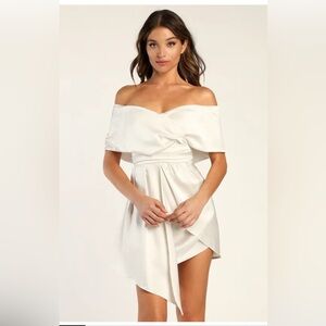 Always Celebrating Ivory Satin Off-the-Shoulder Mini Dress
